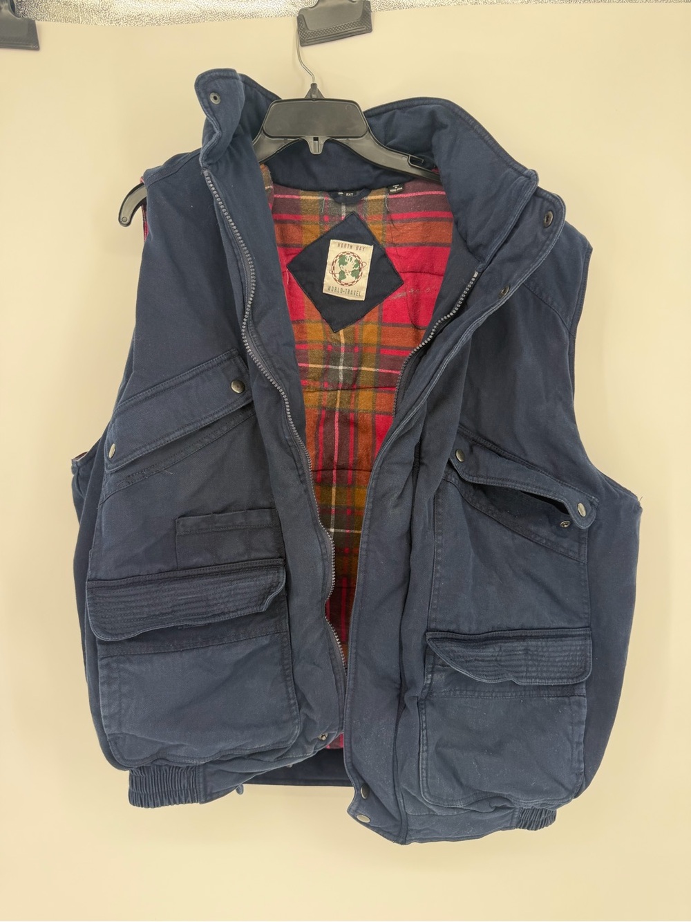 Navy Quilted Work Vest with Red Plaid‎ Lining